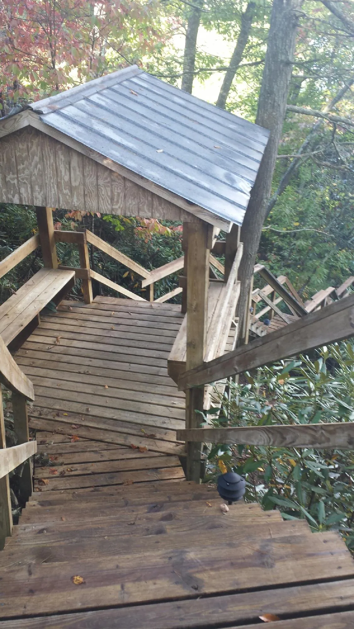 Metal roofed shelter over wooden steps on a wooded walkway — Skylight Repair & Installation work by our crew in La Follette